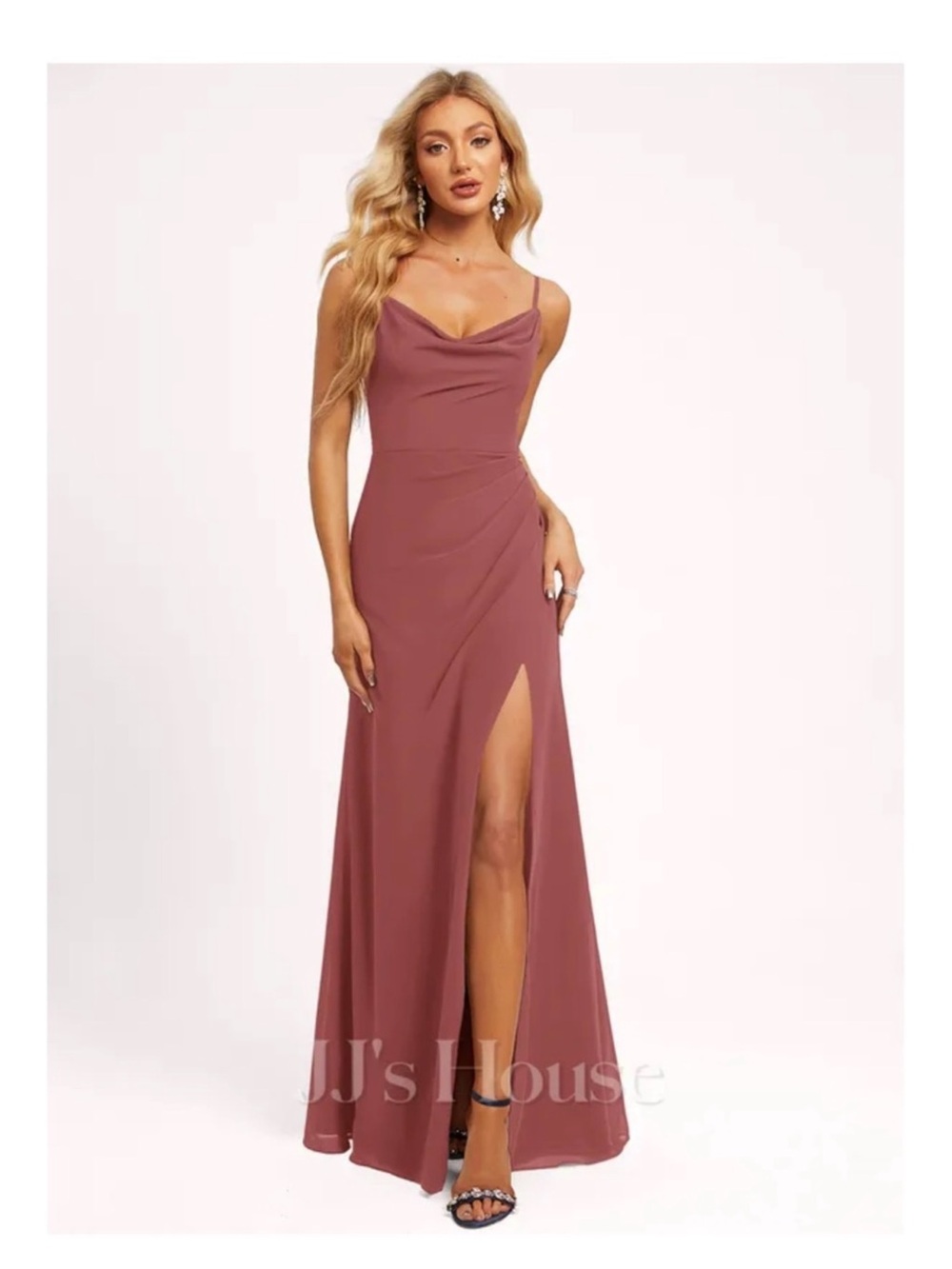 JJs House Mauve Spaghetti-Strap Cowl Neck Evening Dress